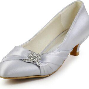 Women’s Satin Closed Toe Wedding Shoes Low Heel Bridal Evening Pumps